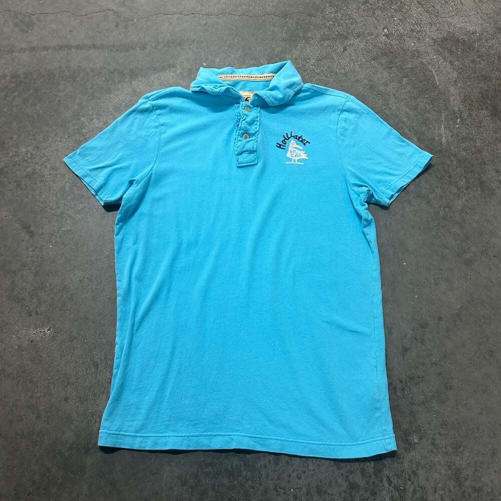 Hollister California SoCal Graphic Logo Polo Shirt Light Blue Size L